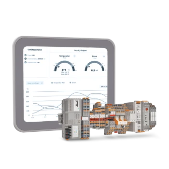 Tablet mit Device Parameterization Software und Messwertdiagramm darauf, davor steht eine Klemmenleiste mit Phoenix Contact Produkten